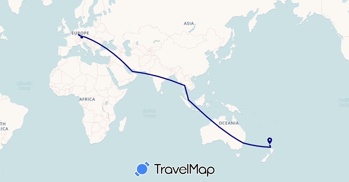 TravelMap itinerary: driving in United Arab Emirates, Australia, Germany, New Zealand, Singapore, Thailand (Asia, Europe, Oceania)